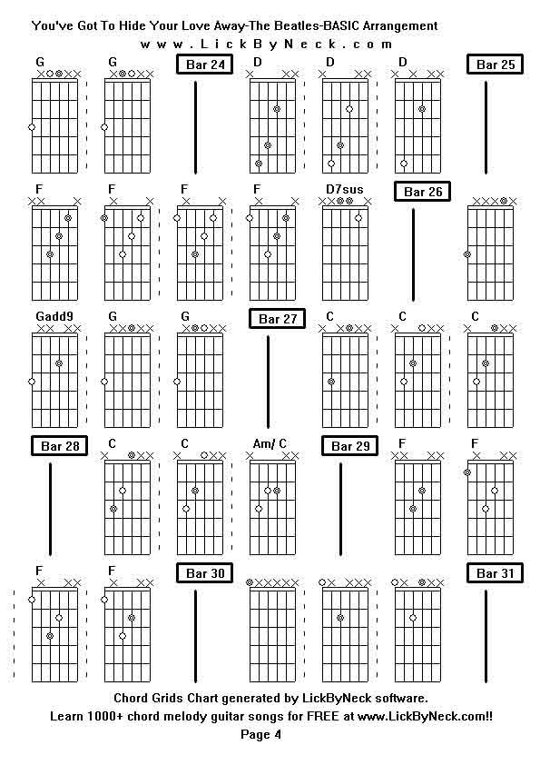 Chord Grids Chart of chord melody fingerstyle guitar song-You've Got To Hide Your Love Away-The Beatles-BASIC Arrangement,generated by LickByNeck software.